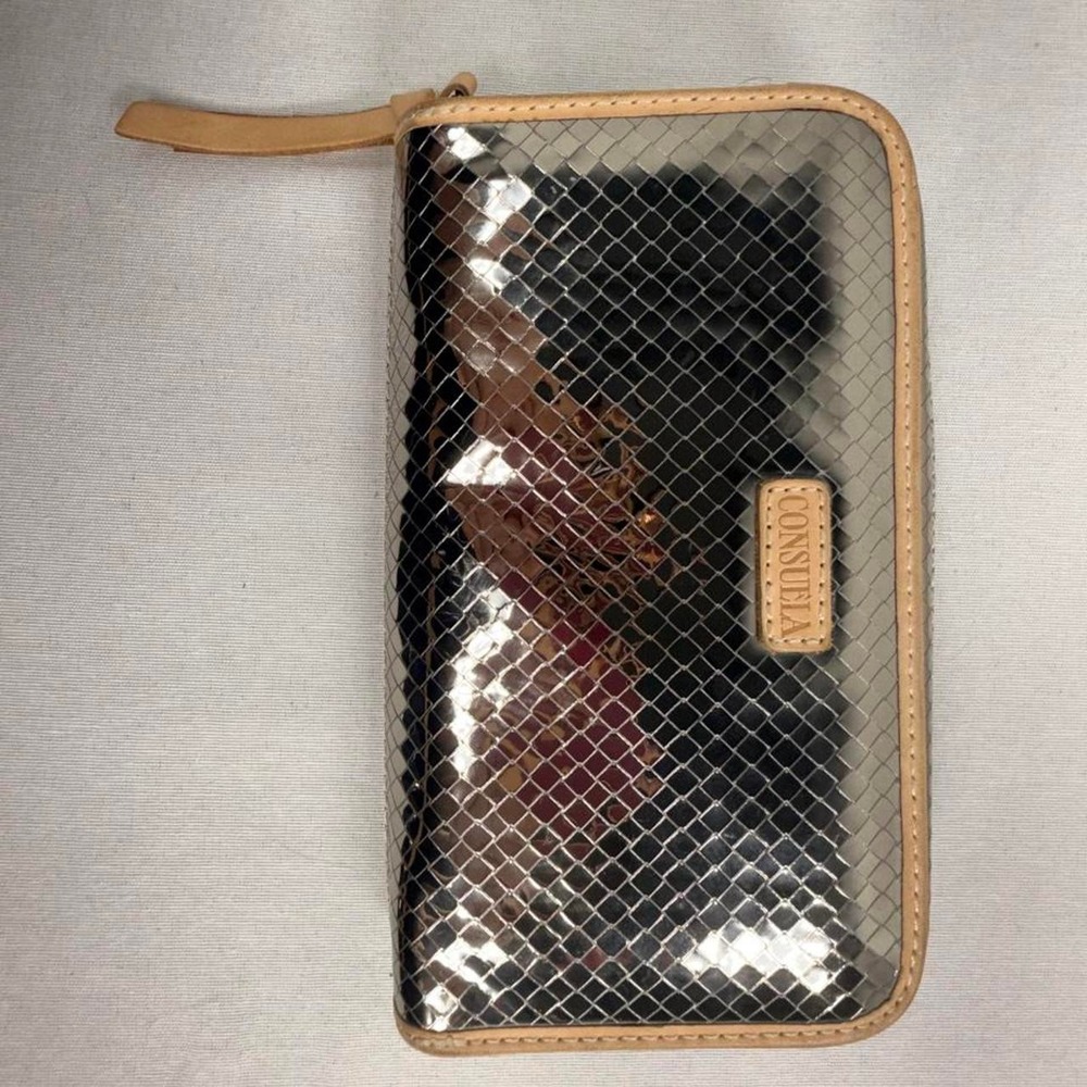 Consuela Slim Wallet Silver Metallic Quilted Leather Trim Zip Around Organizer